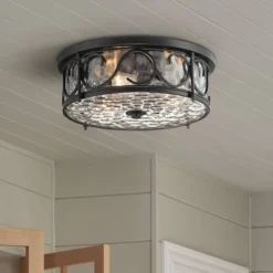 John Timberland 29 John Timberland Paseo Rustic Industrial Flush Mount Outdoor Ceiling Light Matte Black 6 1/4" Clear Hammered Glass Damp Rated For Post Exterior Barn