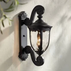 John Timberland Bellagio Vintage Outdoor Wall Light Fixture Texturized Black Dual Scroll Arm 24" Clear Hammered Glass For Post Exterior Barn Deck Home