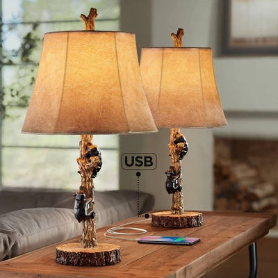 John Timberland Climbing Bears Rustic Accent Table Lamps 22 1/2" High Set Of 2 Brown Faux Wood With USB Charging Port Faux Leather Shade For Desk 1 John Timberland Climbing Bears Rustic Accent Table Lamps 22 1/2" High Set Of 2 Brown Faux Wood With USB Charging Port Faux Leather Shade For Desk