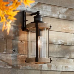 John Timberland Stan Rustic Farmhouse Outdoor Wall Light Fixture Gray Faux Wood Black Motion Sensor 15 1/2" Clear Ribbed Glass For Post Exterior Barn -John Timberland GUEST 19d9bd87 d433 4562 bf32 00d2c98607fc