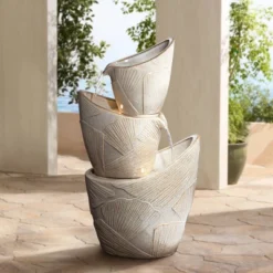 John Timberland Three Urn With Leaves Rustic Cascading Outdoor Floor Water Fountain With LED Light 30" For Yard Garden Patio Home Deck Porch Exterior