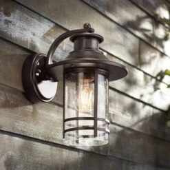 John Timberland Habitat Rustic Industrial Outdoor Wall Light Fixtures Set Of 2 Bronze Dusk To Dawn Motion Sensor 11 1/4" Seedy Glass For Exterior -John Timberland GUEST 2251ba30 d540 4e3f 8f41 6cc4c3b4f650