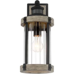 John Timberland Stan Rustic Farmhouse Outdoor Wall Light Fixture Gray Faux Wood Black Motion Sensor 15 1/2" Clear Ribbed Glass For Post Exterior Barn -John Timberland GUEST 2f74f269 b2e9 494e 8866 b91f26316226
