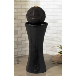 John Timberland Dark Sphere Modern Zen Bubbler Pillar Outdoor Floor Water Fountain With LED Light 30" For Yard Garden Patio Home Deck Porch Exterior