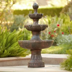 John Timberland Ravenna Rustic 3 Tier Weathered Stone Cascading Outdoor Floor Water Fountain 43" For Yard Garden Patio Home Deck Porch House Exterior