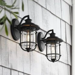 John Timberland Markham Modern Nautical Outdoor Wall Light Fixtures Set Of 2 Textured Black 10 1/2" Clear Seedy Glass For Post Exterior Barn Deck Home -John Timberland GUEST 47a34d15 670d 4b2d 9afe 251589553787