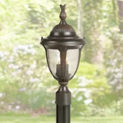 John Timberland Traditional Outdoor Post Light Fixture LED Bronze 35 1/2" Seeded Glass For Exterior Garden Yard Driveway Walkway