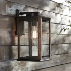 John Timberland Wordsworth Field Rustic Farmhouse Outdoor Wall Light Fixture Dark Bronze Wood Grain 14 1/4" Clear Glass Panels For Post Exterior Deck
