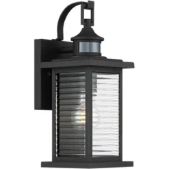 John Timberland Cameron Mission Outdoor Wall Light Fixture Textured Black Motion Sensor Dusk To Dawn 13 3/4" Clear Stripped Glass For Post Exterior -John Timberland GUEST 6a055ccc adfa 436e 88a8 ab78344b0983