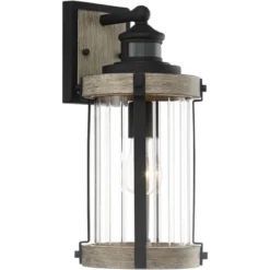John Timberland Stan Rustic Farmhouse Outdoor Wall Light Fixture Gray Faux Wood Black Motion Sensor 15 1/2" Clear Ribbed Glass For Post Exterior Barn -John Timberland GUEST 8e535a05 849f 45dd 97a9 a0c97c6cd0b7