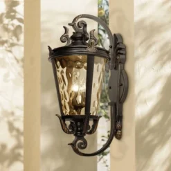 John Timberland 31 John Timberland Casa Marseille Rustic Outdoor Wall Light Fixture Veranda Bronze Ornate Scroll 36" Champagne Hammered Glass For Post Exterior Barn Deck