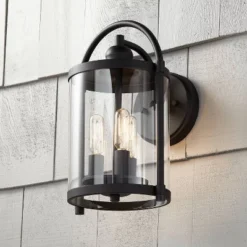 John Timberland Avani Modern Outdoor Wall Light Fixture Black Lantern 13" Clear Cylinder Glass For Post Exterior Barn Deck House Porch Yard Patio Home