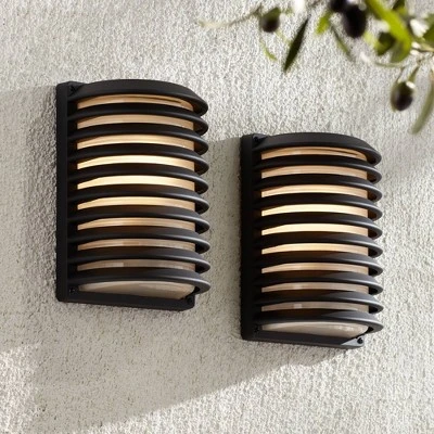 John Timberland Modern Outdoor Wall Light Fixtures Set Of 2 Black Grid 10" Frosted Glass For Post Exterior Barn Deck House Porch Yard Posts Patio Home 1 John Timberland Modern Outdoor Wall Light Fixtures Set Of 2 Black Grid 10" Frosted Glass For Post Exterior Barn Deck House Porch Yard Posts Patio Home