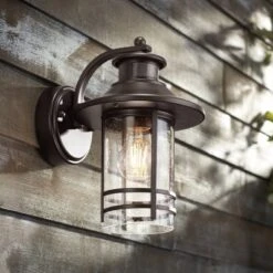 John Timberland 37 John Timberland Galt Outdoor Mission Wall Light Fixture Oil Rubbed Bronze Motion Sensor Dusk To Dawn 11 1/4" Seedy Glass For Post Exterior Barn Deck