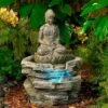 John Timberland Rustic Zen Buddha Outdoor Floor Water Fountain With Light LED 21" High Sitting For Yard Garden Patio Deck Home