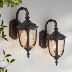 John Timberland Bellagio Vintage Outdoor Wall Light Fixtures Set Of 2 Veranda Bronze Downbridge 16 1/2" Champagne Hammered Glass For Post Exterior