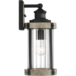 John Timberland Stan Rustic Farmhouse Outdoor Wall Light Fixture Gray Faux Wood Black Motion Sensor 15 1/2" Clear Ribbed Glass For Post Exterior Barn -John Timberland GUEST caa5d550 6b29 4ec2 921c 8a79ce5ff450