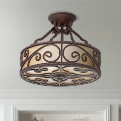 John Timberland Natural Mica Rustic Ceiling Light Semi Flush Mount Fixture 15" Wide Deep Walnut Scroll 3-Light Drum Shade For Bedroom Living Room Home